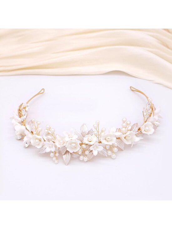 Elegant Gold Bridal Headband with Ceramic Flowers & Pearl Accents - Wedding Hair main image 5